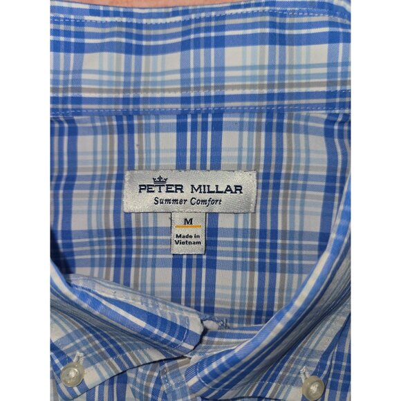 Peter Millar Mens Medium Blue Plaid Button-Down Shirt Summer Comfort Nylon Blend - Picture 5 of 7
